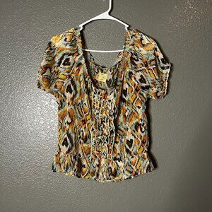 Women’s Medium Ruffle Boho Blouse Sheer Ikat Print Peasant Top M